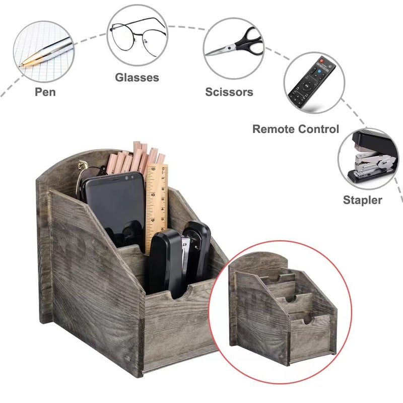 VERGOODR 3 Slot Rustic Wooden Remote Control Frame Media Organizer,Office Supply Storage,Magazine Pen Holders (Rock grey) - Image 2